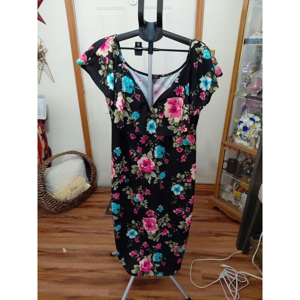 Curvy Sense Women's Plus Size 2X Dress Black Floral Off Or On Shoulder Ruffle